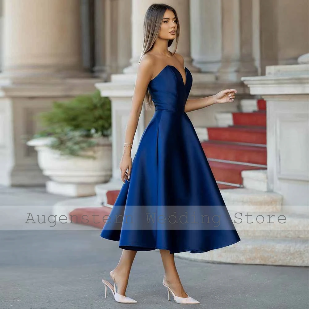 Formal Women Ceremony Dresses	Satin A-line Cocktail Party Dress Navy Blue Sweetheart Ruched Prom Dresses for Ladies Midi 2025