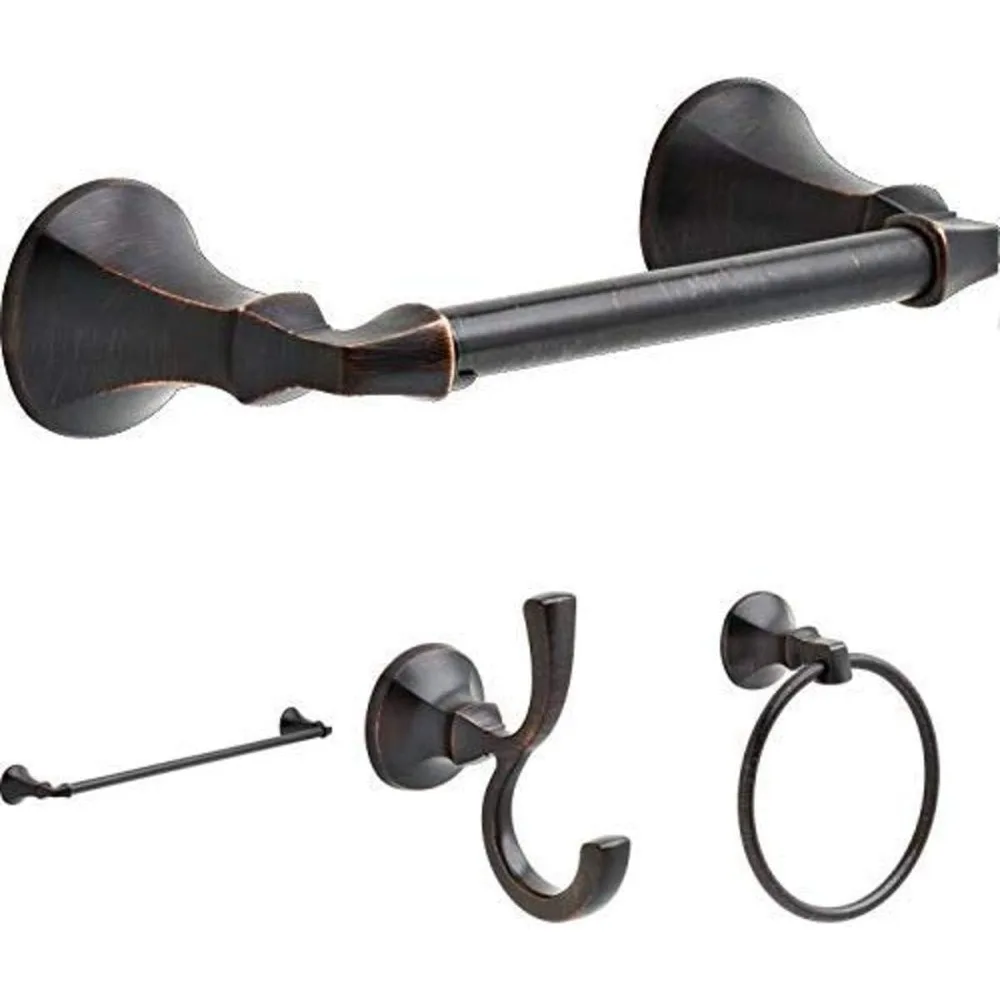 Four-Piece Bathroom Hardware Set Including 24 Inch Towel Bar, Toilet Paper Holder, Towel Ring, and Towel Hook in Italian Bronze