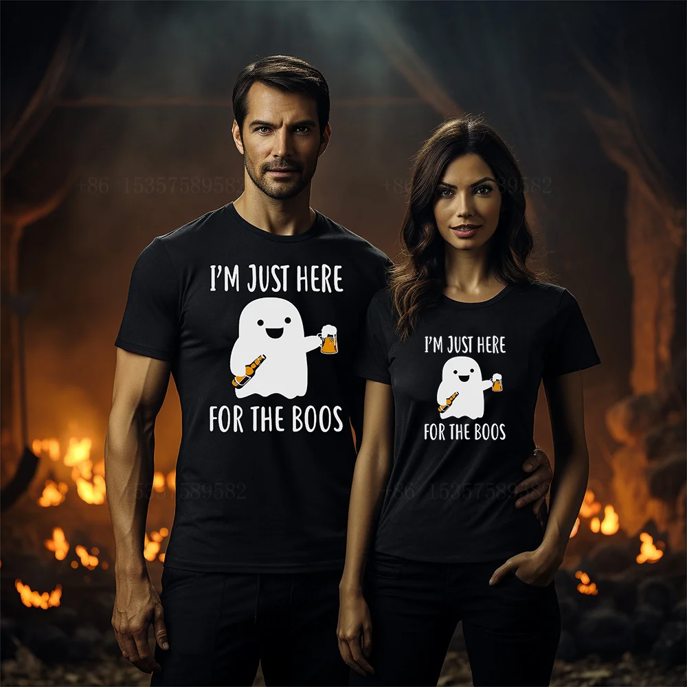Just Here For The Boos T-Shirt Vibrant Graphic Print  100% Cotton Black Casual T Shirt Couple Unisex Halloween Tshirts Oversized