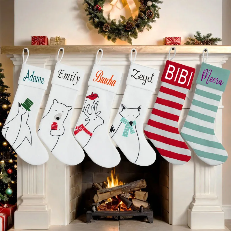 

Personalized Printing Christmas White Christmas Socks Cute Stripes Christmas Decorative Socks Large Penguin Gift Bag Candy Bag