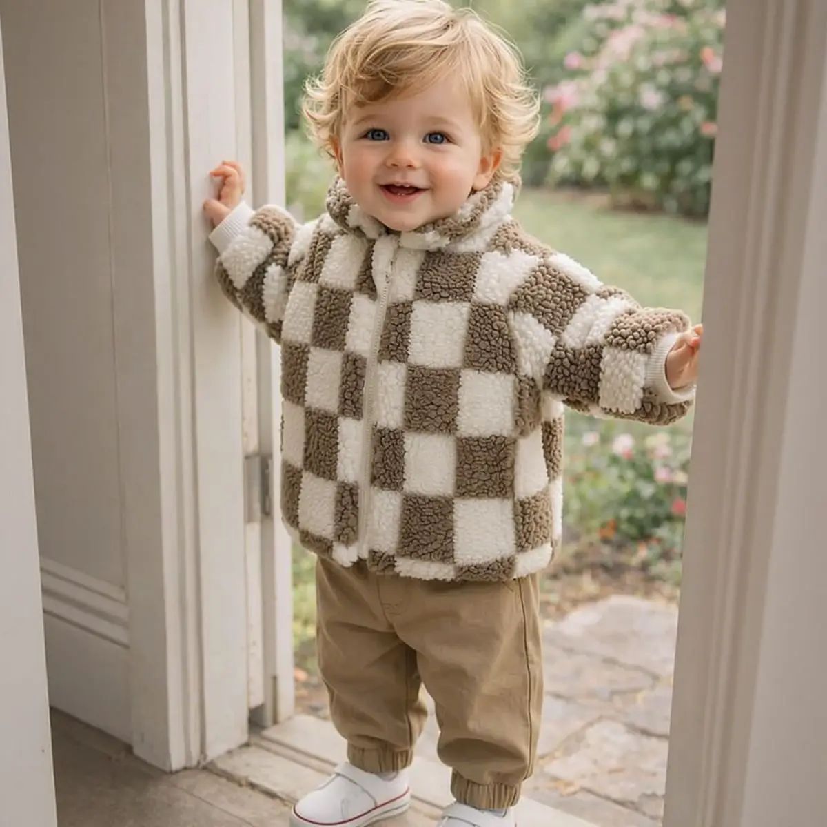 Toddler Baby Sherpa Fleece Jacket Boys Girls Checkerboard Plaid Zipper Stand Collar Warm Winter Coat Kids Thick Outerwear