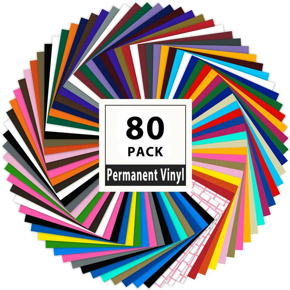 HTVRONT 80pcs Multi Colors 12X12inch Permanent Self Adhesive Vinyl Sheets+Transfer Tape for Craft DIY Glass Cup Decor