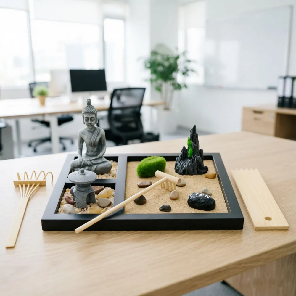 Japanese Zen Garden Kit Miniature Sand Tray with Buddha Stones Mountain Moss & Bamboo Rakes for Meditation Stress Relief Gift