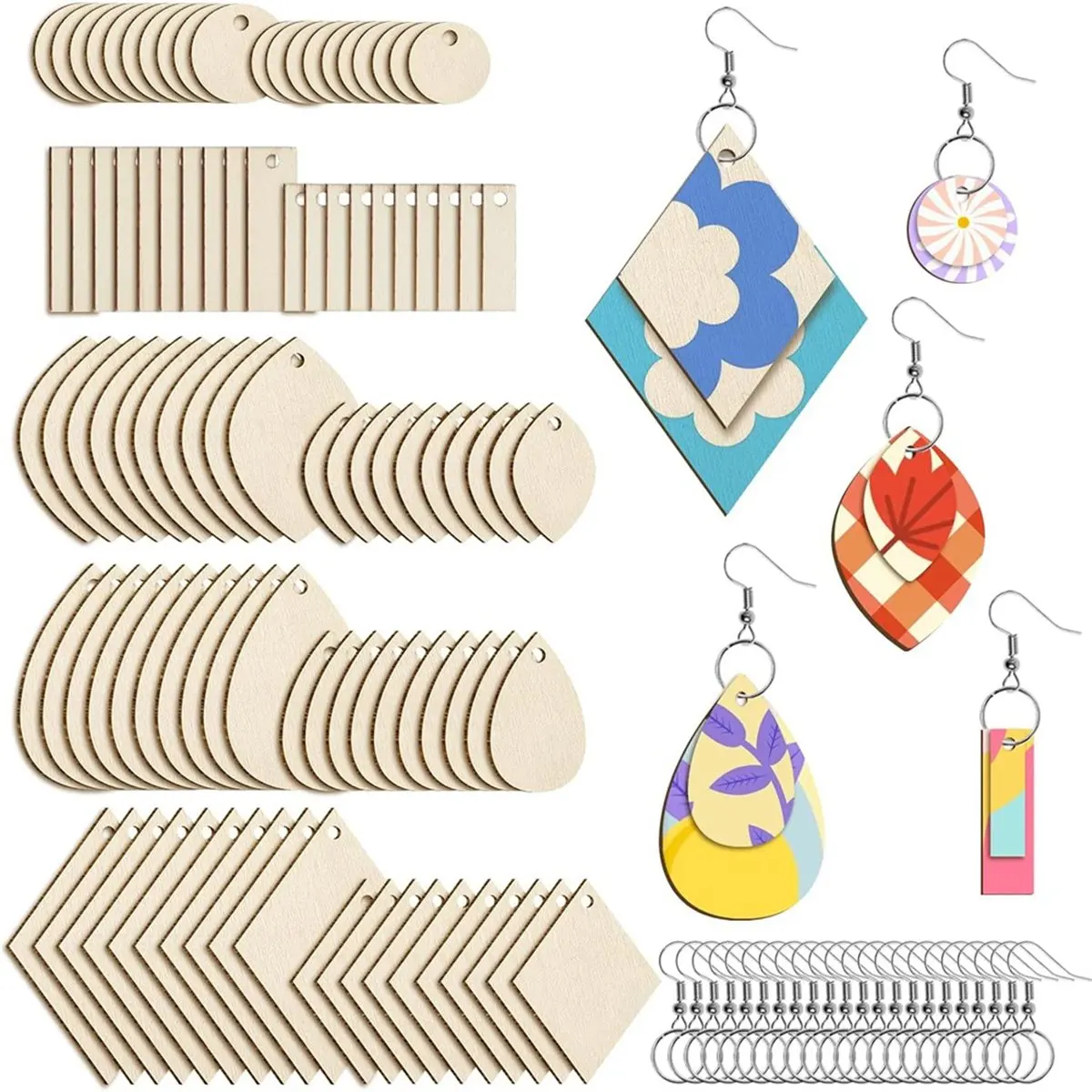 AA77 NEW  Unfinished Wooden Earrings Teardrop/Wood Earring Blanks 100 Pieces Earring Hooks and 100 Pieces Jump Rings