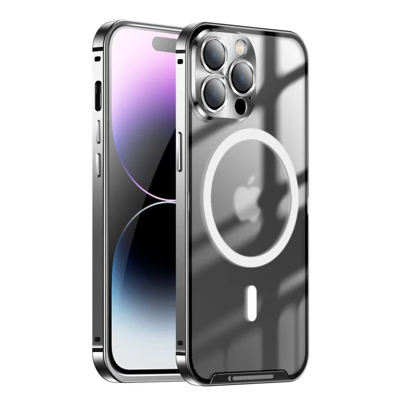 

Магнитный беспроводной зарядный чехол для iPhone 14 Plus 14 Pro Max металлический бампер алюминиевый объектив для камеры прозрачный защитный чехол для телефона