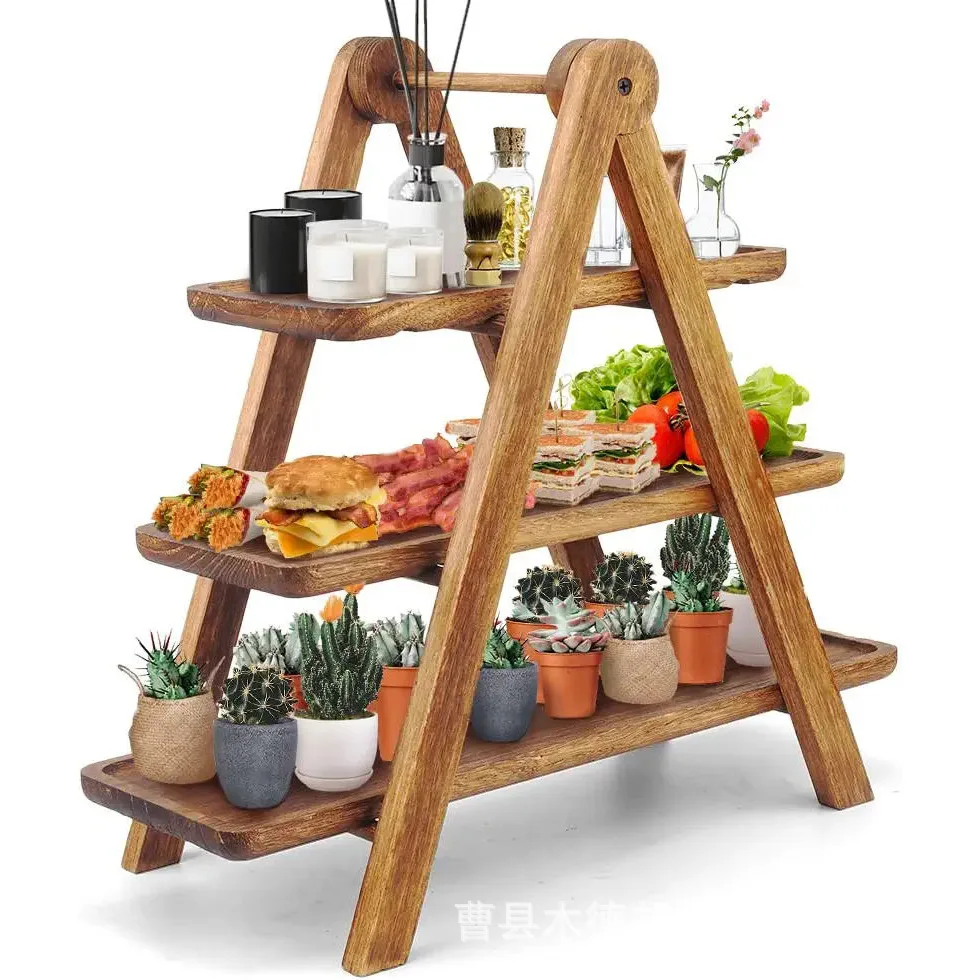 Wooden three-layer folding hotpot ingredient storage rack Solid wood cake food candy tray Dessert pastry storage rack