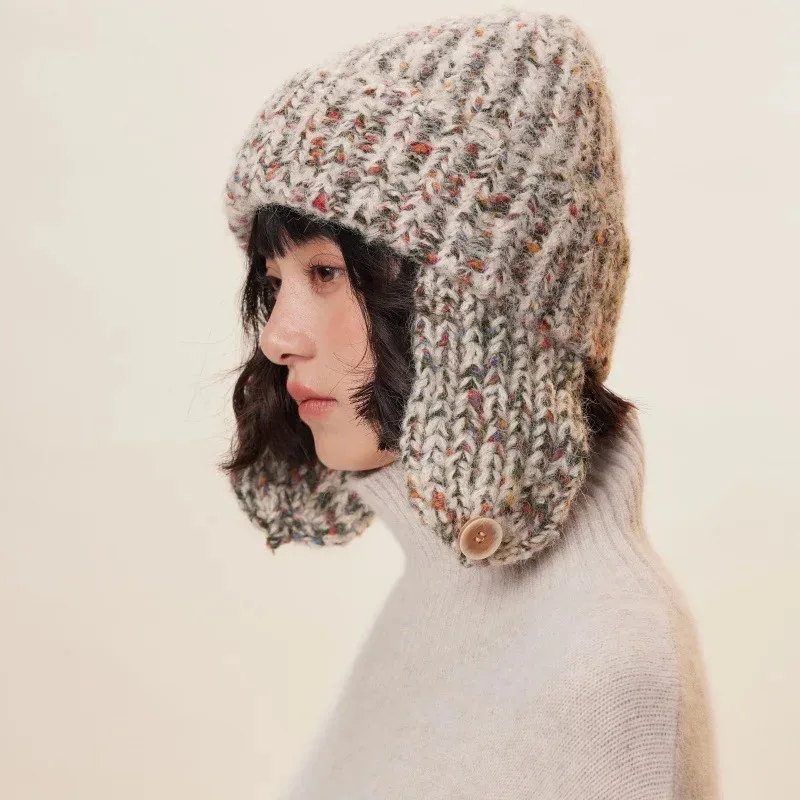 Korean Woolen Mixed Flower Yarn Knitted Bomber Hat  Autumn and Winter Thickening Warm Ear Protection Women Outdoor Skiing Hat