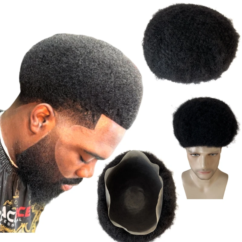 Indian Virgin Human Hair Systems 4mm Root Afro 1# Jet Black Color Customized 12x14 Whole head Full PU Wig for Black Men