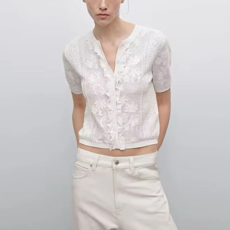 Romantico pizzo lavorato a maglia ort Sve rotondo Ne aperto davanti irt New Women's Faion Spring 2025 Sweet Sle fibra di poliestere