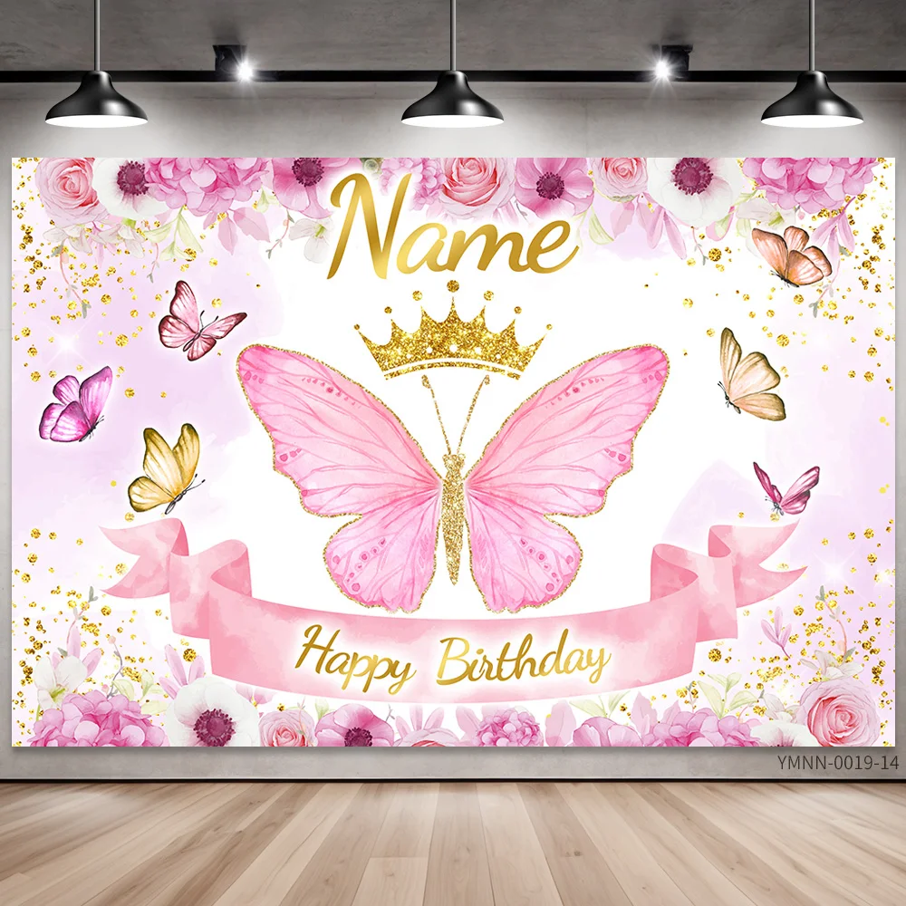 Custom Name Birthday Party Backdrop Banner Princess Floral Butterfly Theme Background with Glitter for Girls Party Decoration