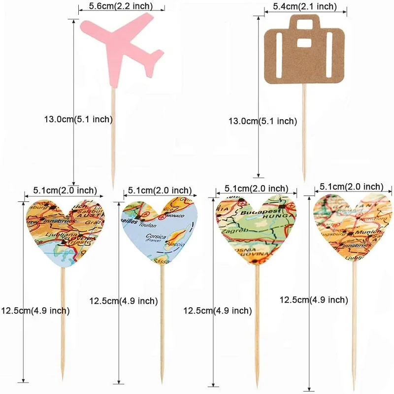Reise-Cupcake-Topper, Flugzeugkarte, Herz, Reise-Kuchenaufsatz, Picks für Weltreisen, Mottoparty, Geburtstag, Babyparty, Hochzeit – Detail 2