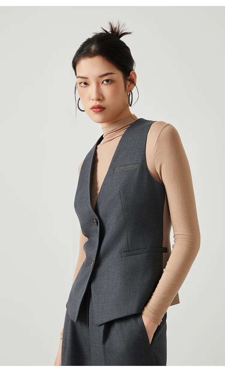 K2548W Damen Ärmellose Weste aus Wollmischung mit V-Ausschnitt und Knopfleiste, tailliert, für Büro, als Layering-Oberteil – Detail 15