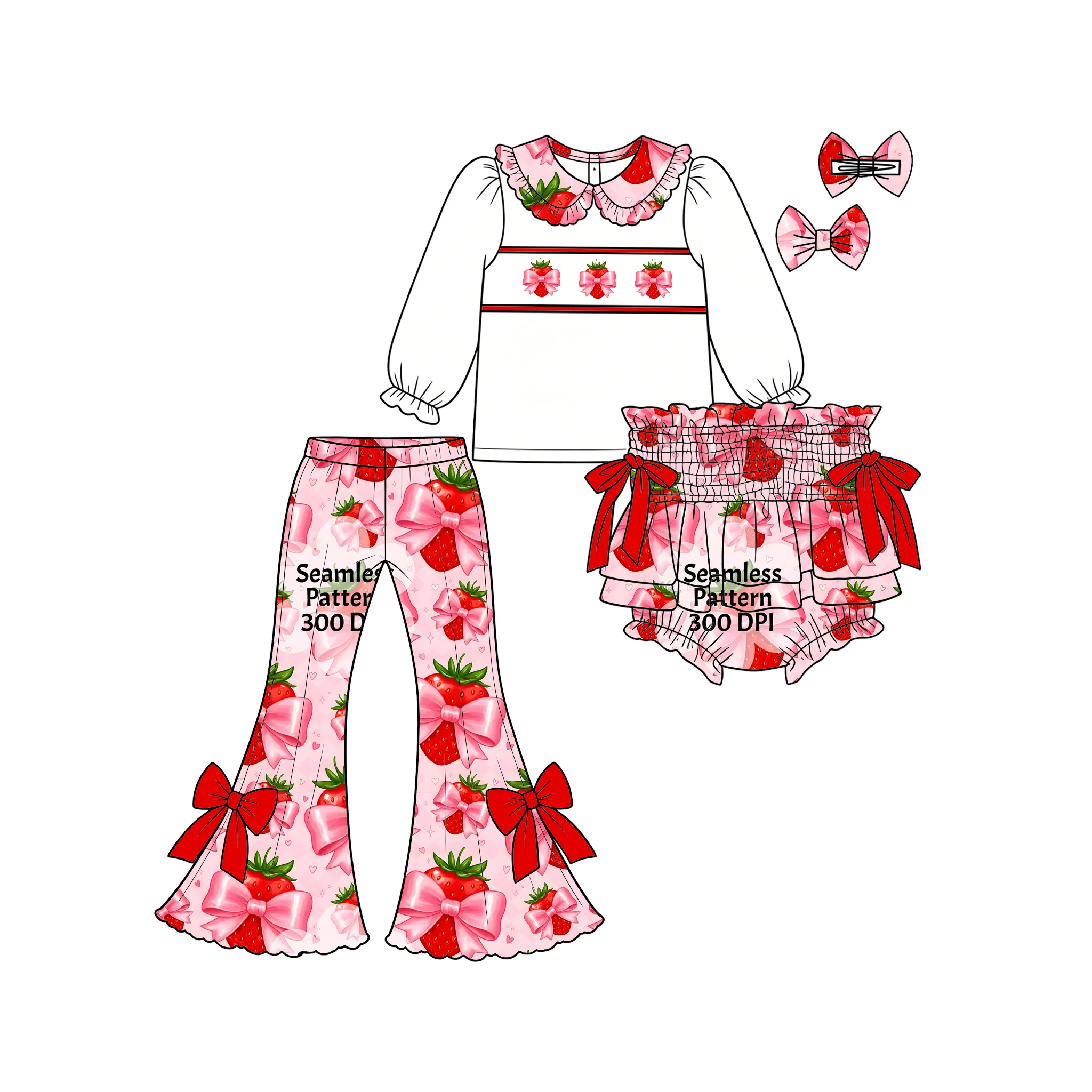Custom Toddler Girls Strawberry Bow Donut Jam Pant Outifts Long Sleeve Top Flare Pants Bloomers Christmas Bear 3Pcs Set