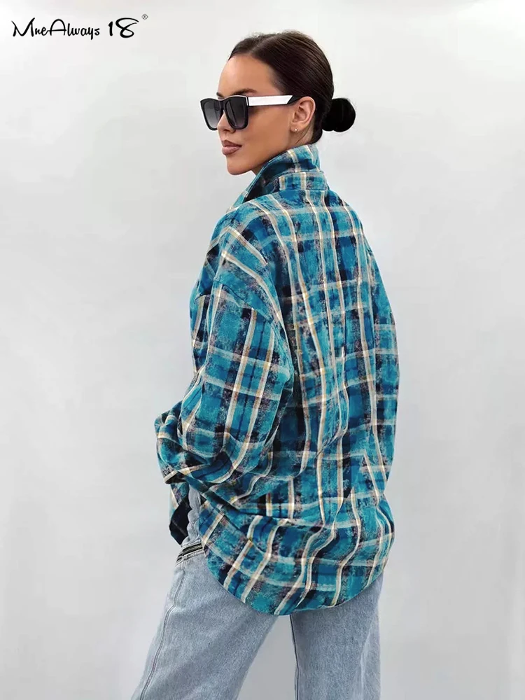 Mnealways18 Blue Plaid Casual Women Shirts Street Style Long Sleeves Oversize Classic Button Streak Blouses And Tops Autumn 2024