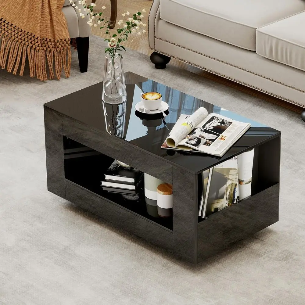 

35" High Gloss Wood Coee Table or Living Room, Sides Storage with Transparent Legs, ern 2-Tier Storage Shel Center Table or Home