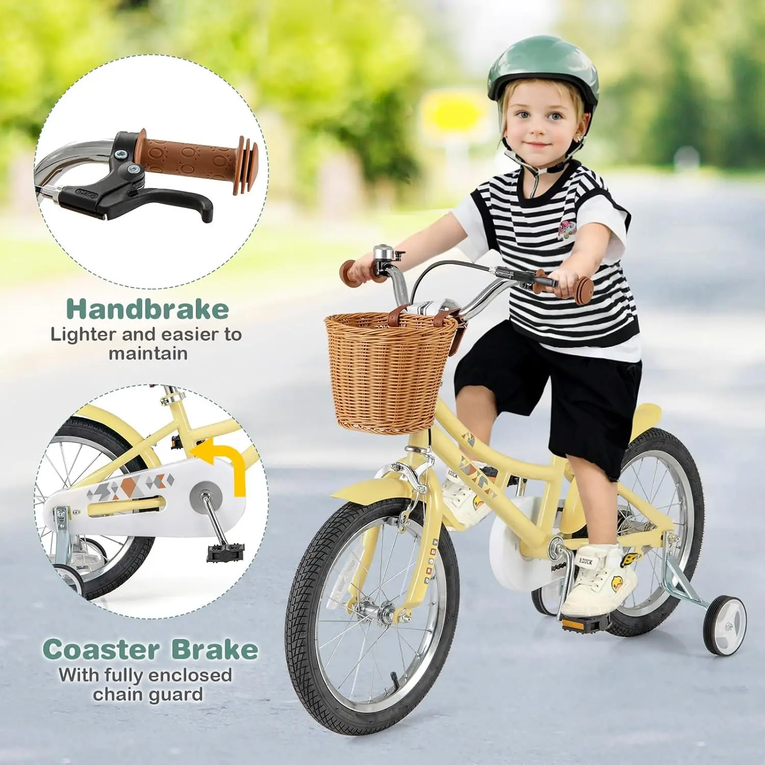 Retro kinderfiets, 12 14 16 18 inch kinderfiets voor 3-8 jaar oud met rotanmand, in hoogte verstelbaar, zijwieltjes, spatborden, Han