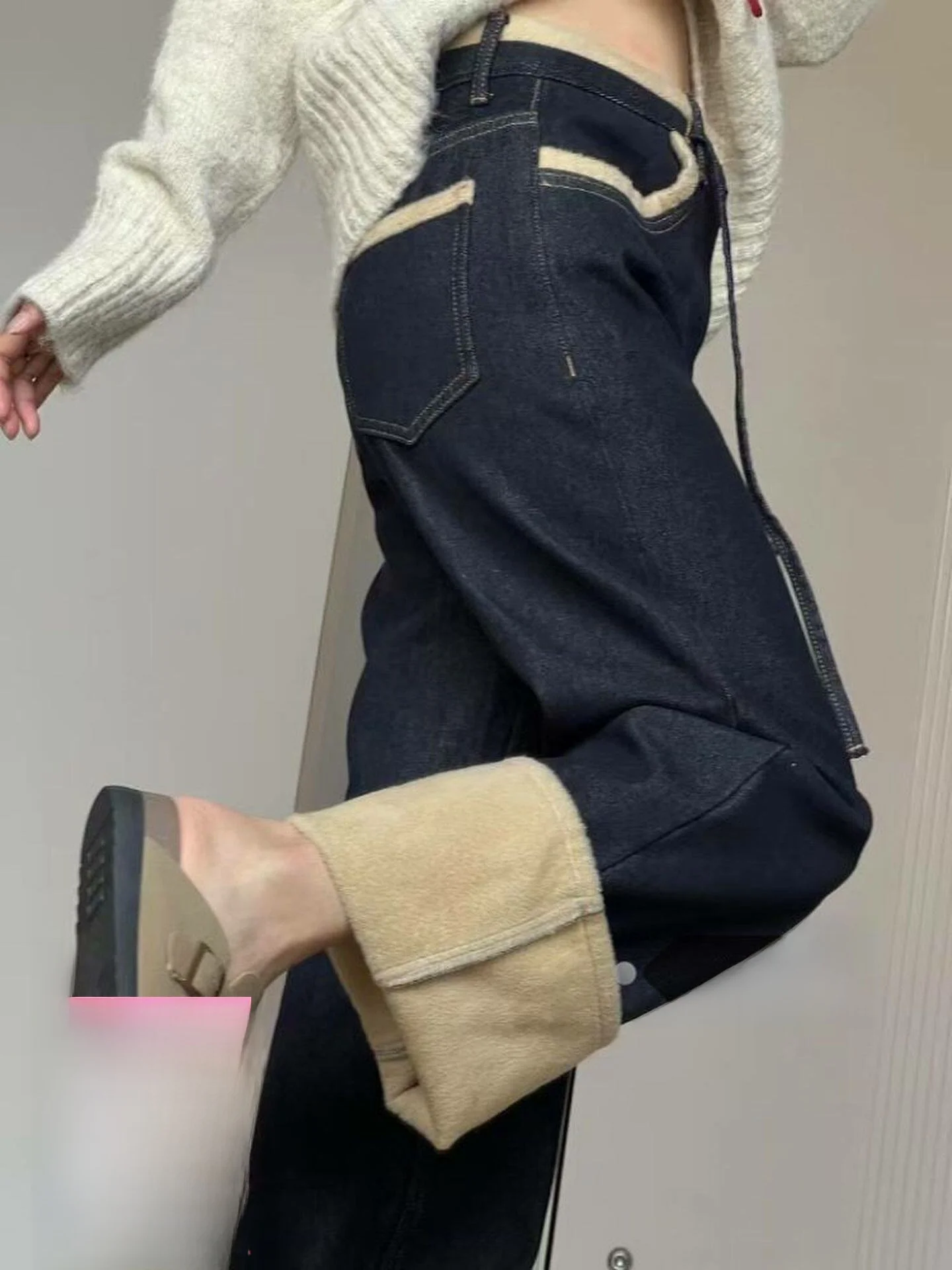 

High Waist Straight Leg Thin Denim Jeans Women's Summer plus Size Warm Wide Leg Pants American Style Pure Color Spring Autumn