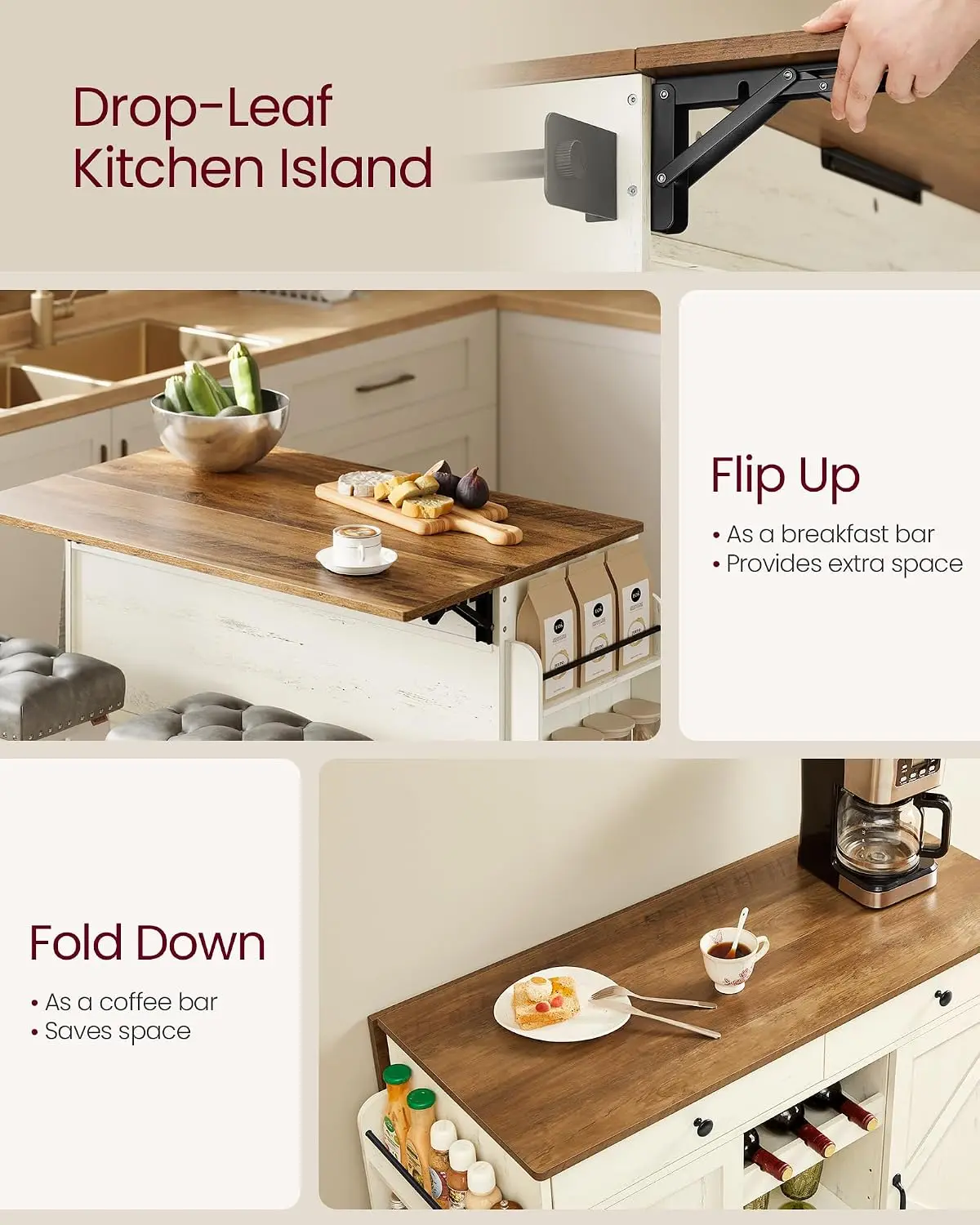 Mobile Kitchen Island with Drop Leaf, Portable Island with Spice Rack, Mobile Cart with Storage Cabinet, 17.7-28.7 x 49.3 x 36 I