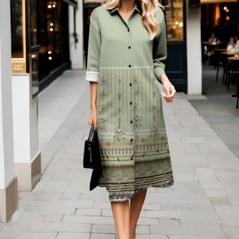 2025 New Women's Collared Shirt Dress Elegant Print Comfortable Long Dress Street Style Loose Casual Long-Sleeve Shirt Dress