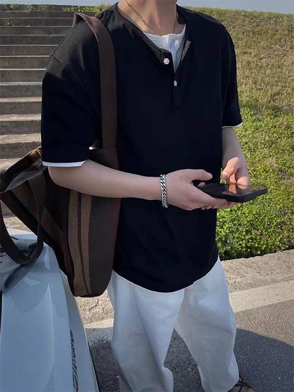 

Extra Large Size Men's T-irt Henry Collar ort Sve Loose Casual f Sve Breathable Cotton Summer Faion T-irt