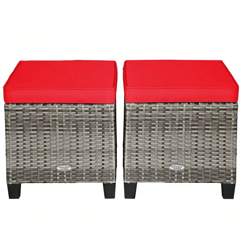 

Set of 2 Rattan Patio Ottoman Footrest Wicker Footstool w/ Red Cushions