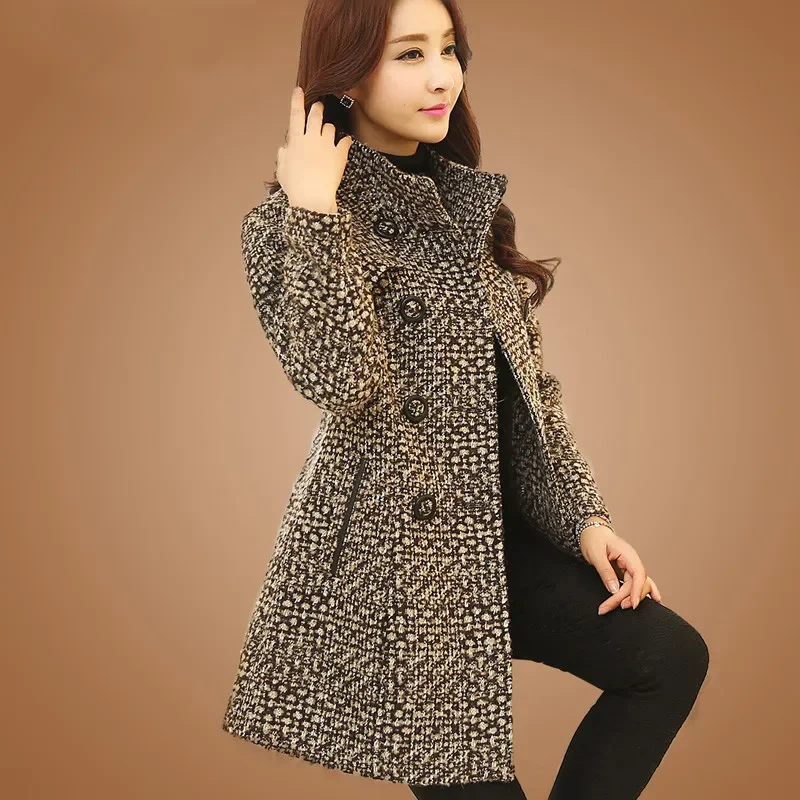 TPJB New Women Wool Blends Coat Winter Autumn Fashion Elegant Mother High Quality Plaid Slim Long Tweed Woolen Outerwear Female