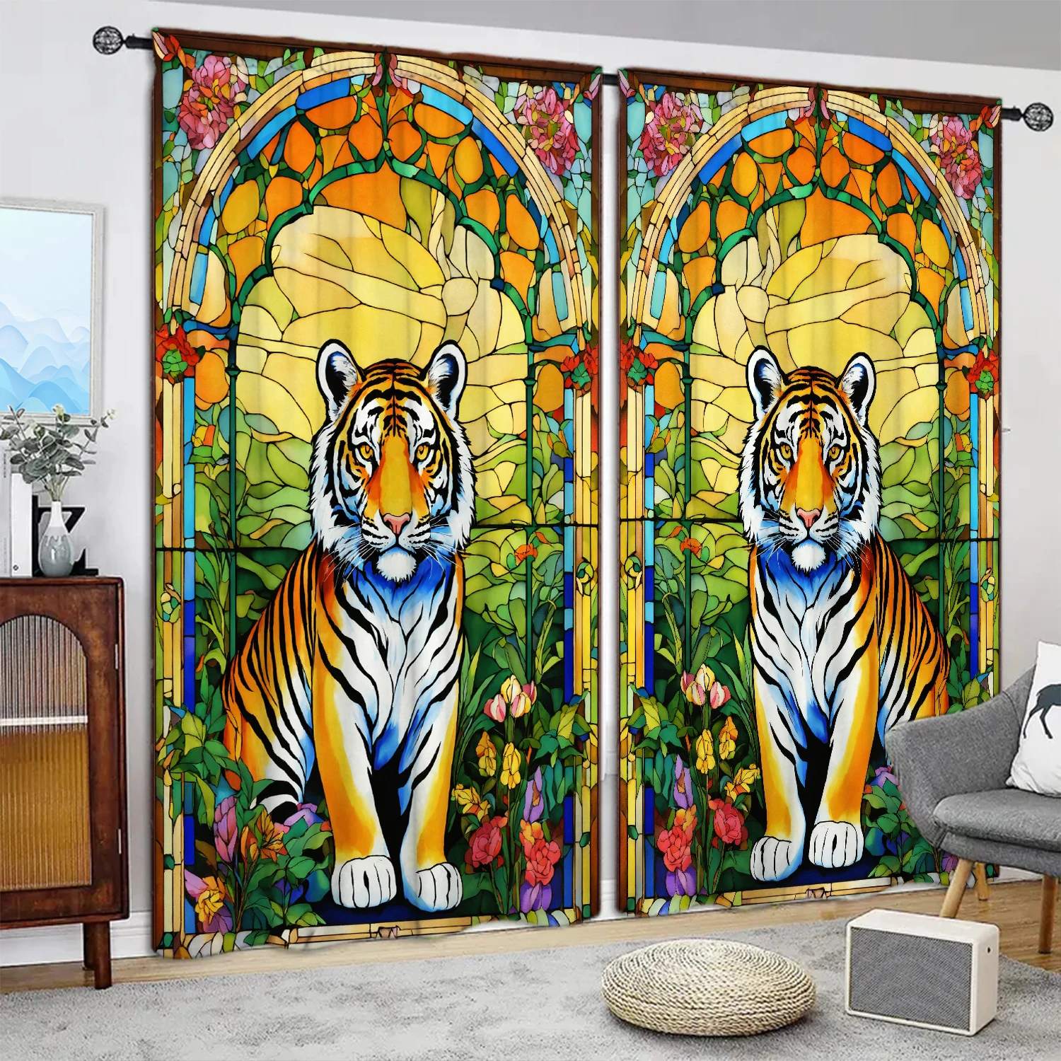 

2pcs Colored Glass Tiger Printed Curtain for Home Decor - Rod Pocket Window Treatment for Bedroom, Office, Kitchen, Living Room