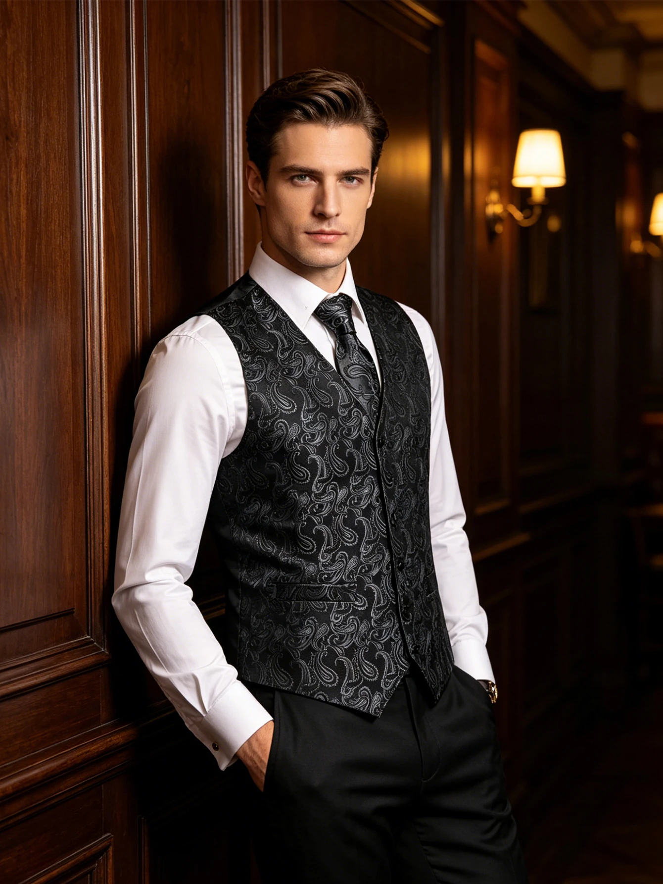 

Solid Silver Subtle Paisley Jacquard Vest Full Set Tie Square Cufflinks For Corporate Conference Funeral Occasion