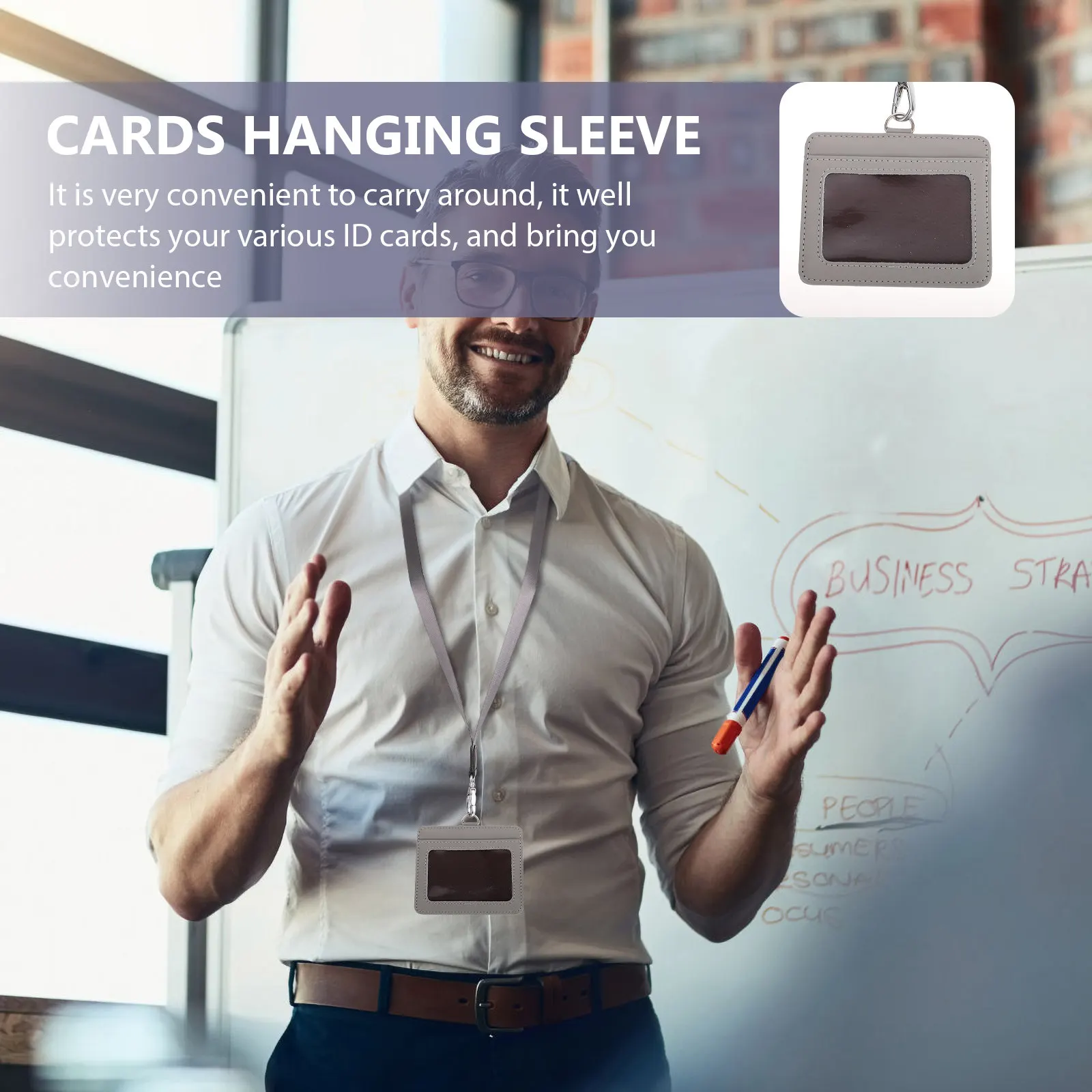 PU Id Badge Holder Entrance Guard Card Case Meeting Card Protector Lightweight Portable Cards Holder with Lanyard for Staff