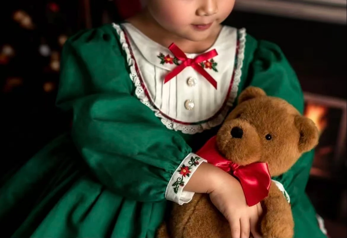 

0-12Y Baby Girl Autumn Handmade Flower Embroidery Vintage Princess Green Dress for Birthday Holiday Eid Christmas C215