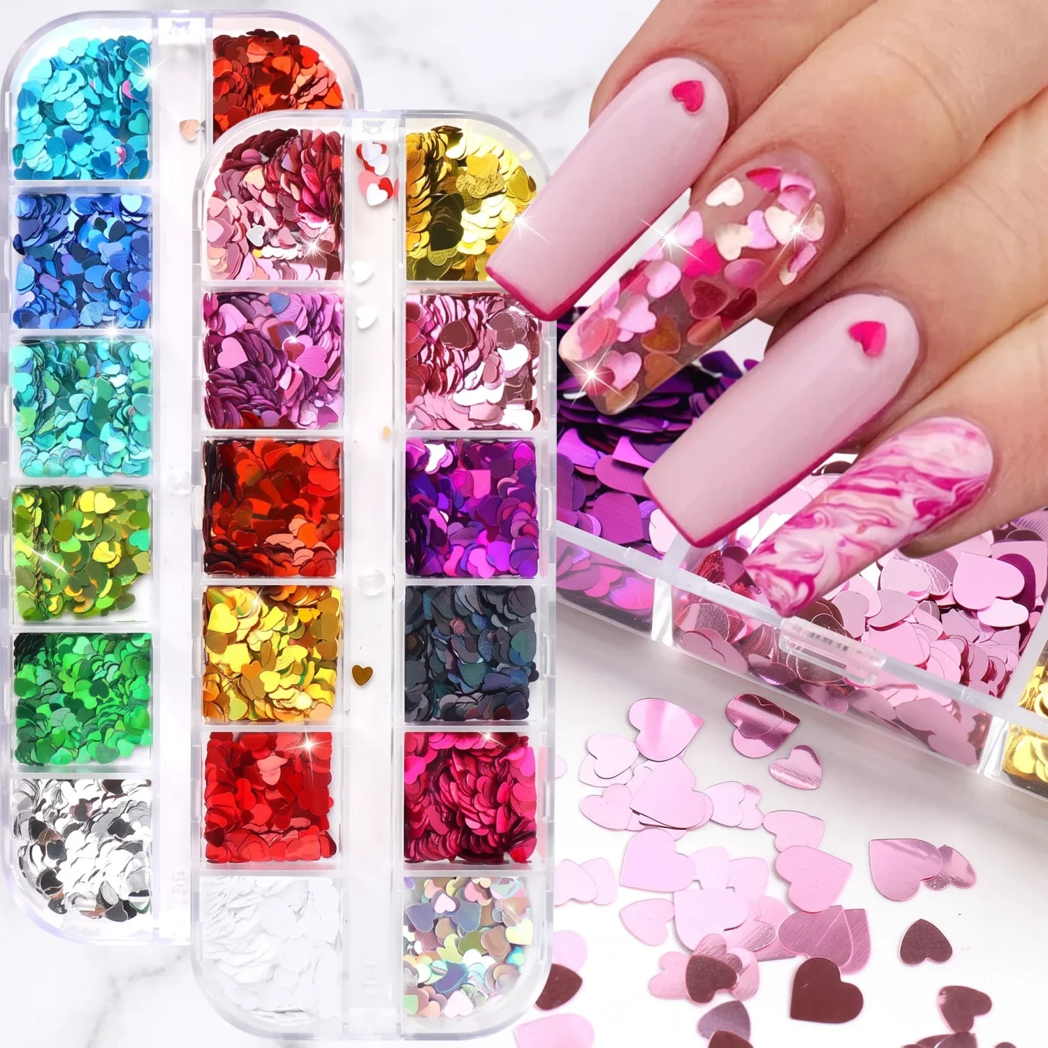 12-Color laser heart nail glitter | Valentine's Day ultra-sparkly nail accessories | Mixed size appliqués | DIY craft body art