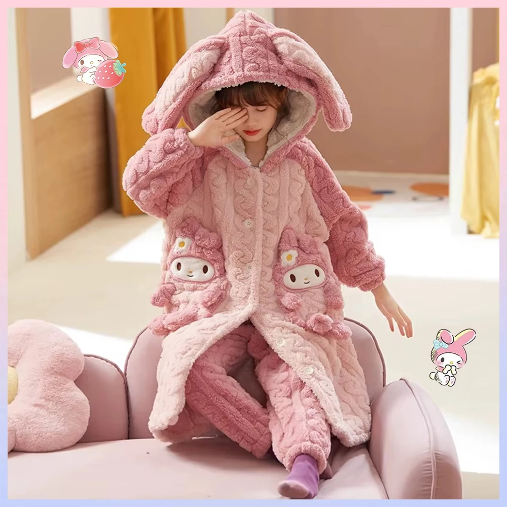 2Pcs Winter Kawaii My Melody Kuromi Cinnamoroll Parent-Child Plush Pajamas Robe Pants Anime Sanrio Cartoon Girl Hooded Home Wear