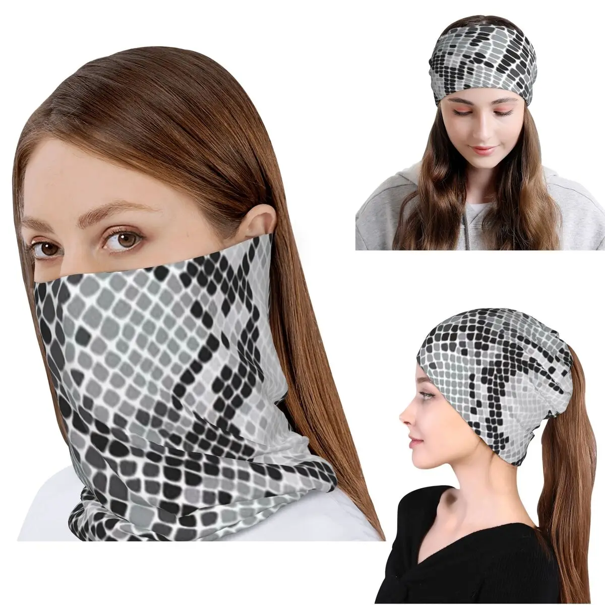 Gray Snake Skin Animal Print Bandana Neck Cover Wrap Scarf Warm Headwear Beanies Hat for Men Women Adult Breathable
