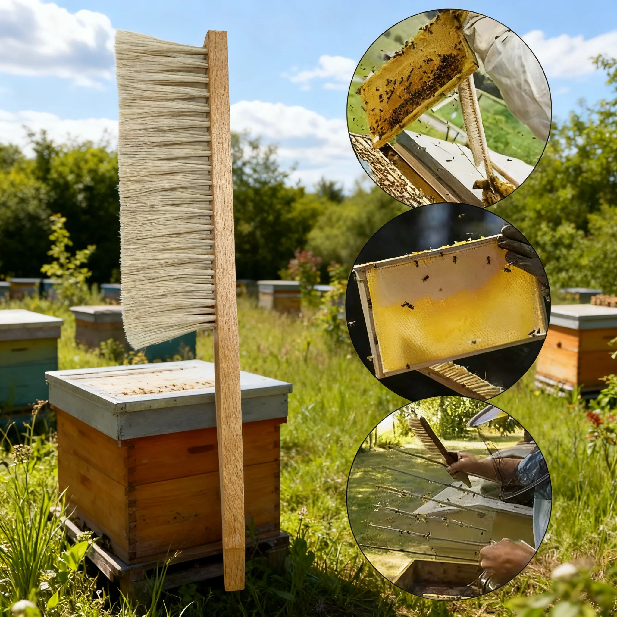 Wood Honey Brush Beekeep Tools Wasp Bee Sweep Two Rows of Horse Tail Hair Bee Brush Beekeeping Equipment Beekeeping Tool 1pcs
