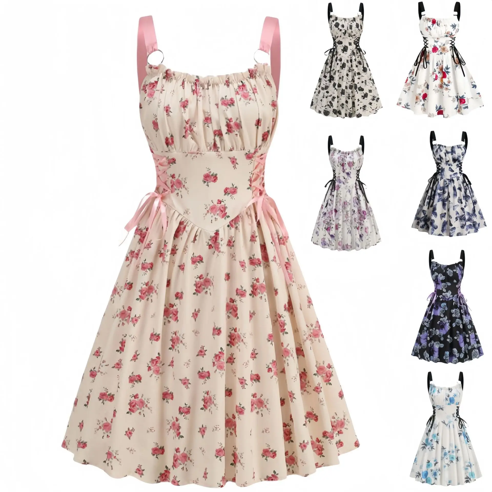 Dress Women Female Clothing Fashion Elegant Evening Party Dresses Printed Lace-up O-ring Party Sexy Slimming Suspender Dress