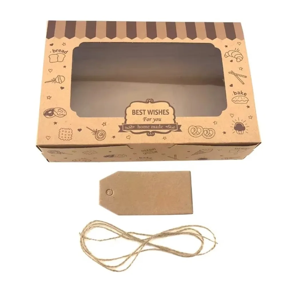 12pcs Kraft Paper Dessert Cake Bakery Box Transparent Window with Rolls Rope and Stickers Pastry Treat Boxes