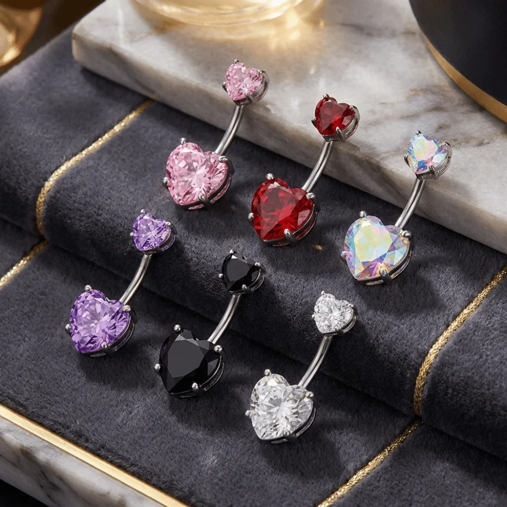 Cute Internal Thread Belly Button Rings Stainless Steel Crystal Navel Rings Silver Heart Body Jewelry Women