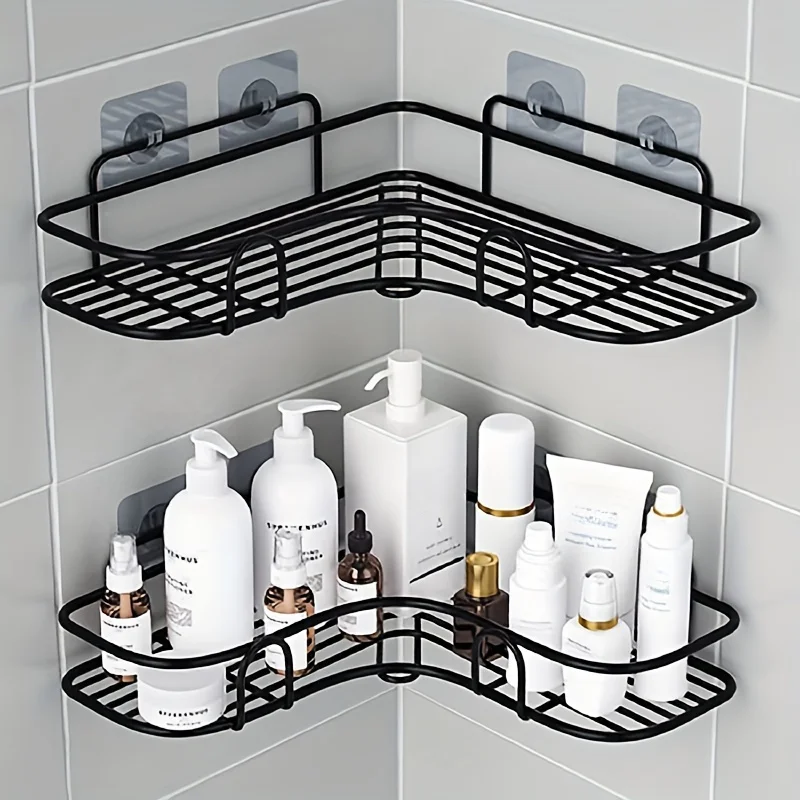 2pcs No-Drill Corner Shelf - Sturdy Wall-Mounted Bathroom Rack for Shampoo, Lotion & Cosmetic Storage - Space-Saving