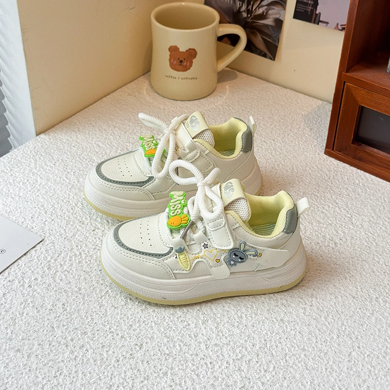 Cute Cat Rabbit Thick Bottom Sneakers Children Leather Pastel Pink Chunky Trainer Lace Up Cartoon Fashion Casual Shoes for Girls