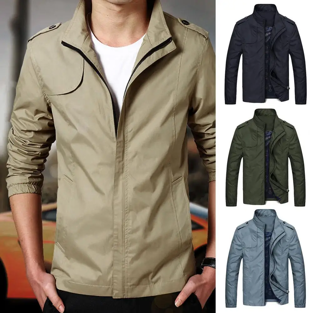 Men Jackets and Coats Outdoors Clothes  Zipper Closure Bomber Jacket for Business Outerwear with Smooth Pockets Solid