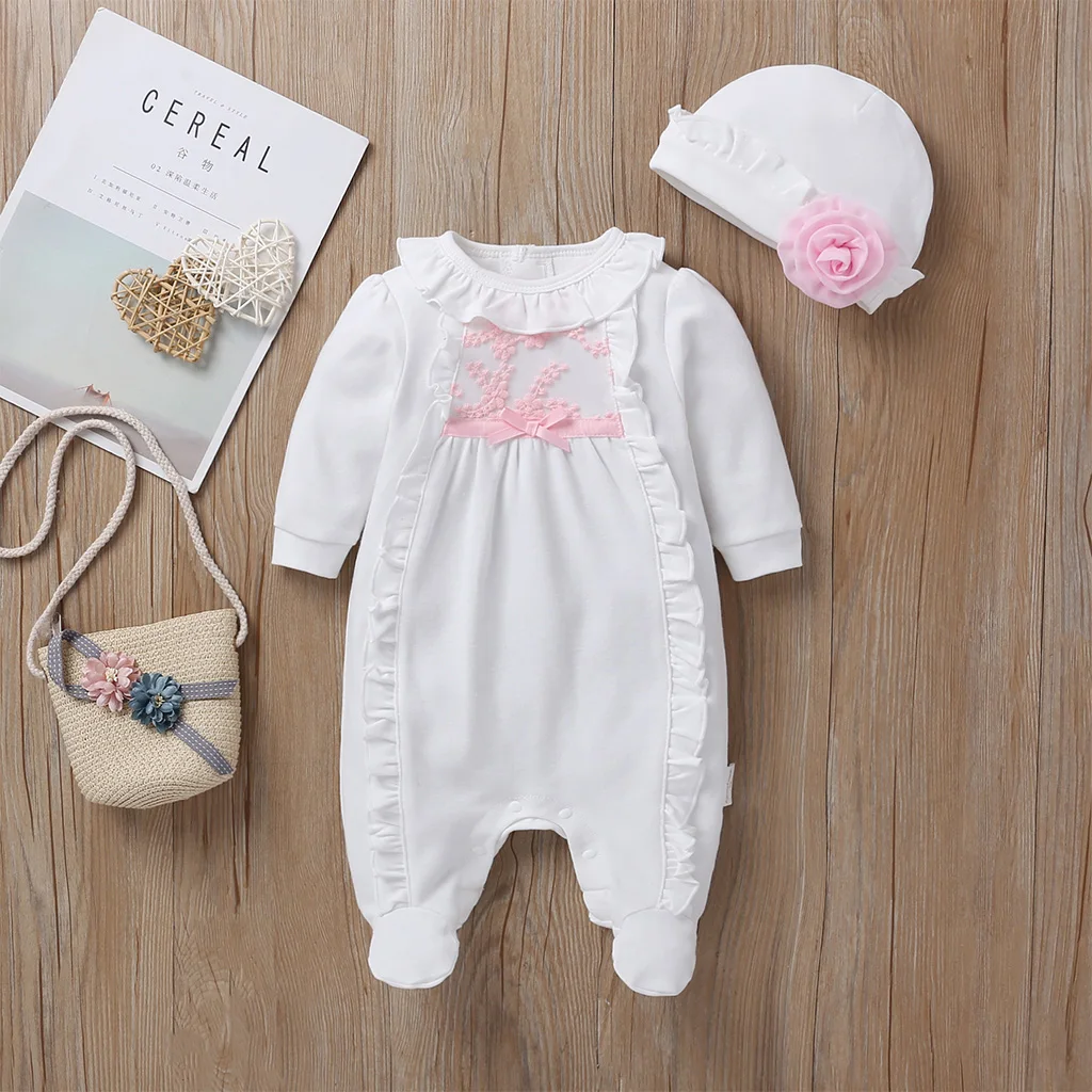 hibobi 2-Piece Set Autumn Baby Girl Long Sleeve Sweet Exquisite Decorative Border Bow Decor Jumpsuit Bodysuit With Floral Hat