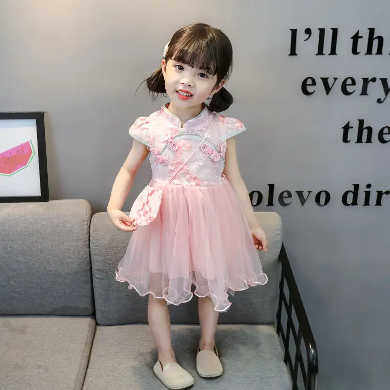 Baby Girls Sleeveless Dress Summer Dress Children\'s Qipao Princess Dress Fluffy Gauze Dress Children\'s Hanfu