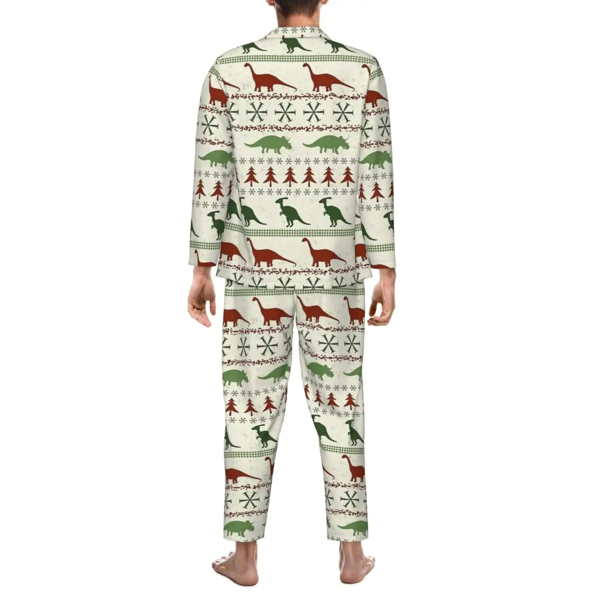 Pijamas masculinos con diseño navideño de dinosaurio, ropa de dormir diaria, conjuntos de pijamas Retro de dos piezas, traje para casa de gran tamaño a la moda de manga larga