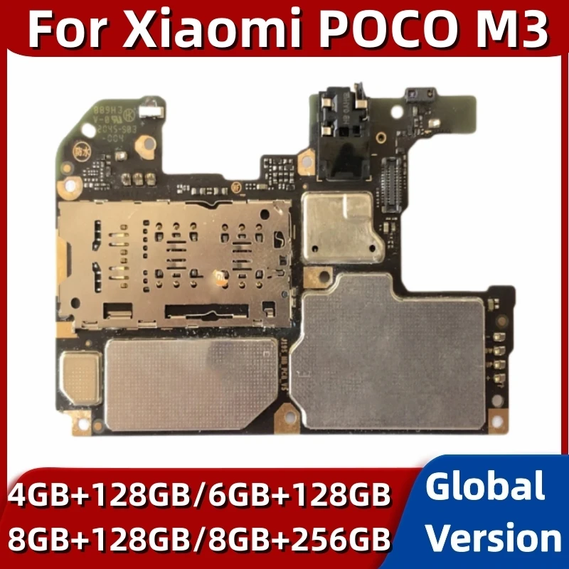 Mainboard for Xiaomi Poco M3, Original Unlocked Motherboard, 128GB, 256GB ROM, Global Version