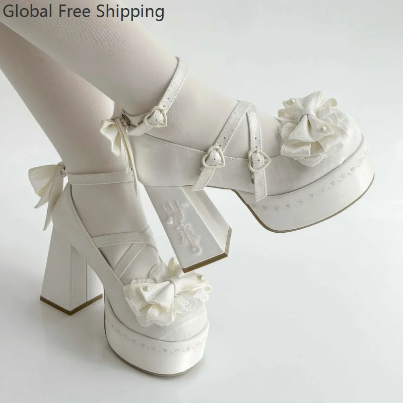 Sweet Lolita High-heeled Platform Shoes Cute Schoolgirl Cosplay Pearl Lace Bow Mary Jane Shoes Japanese-style High Heels 2026 6