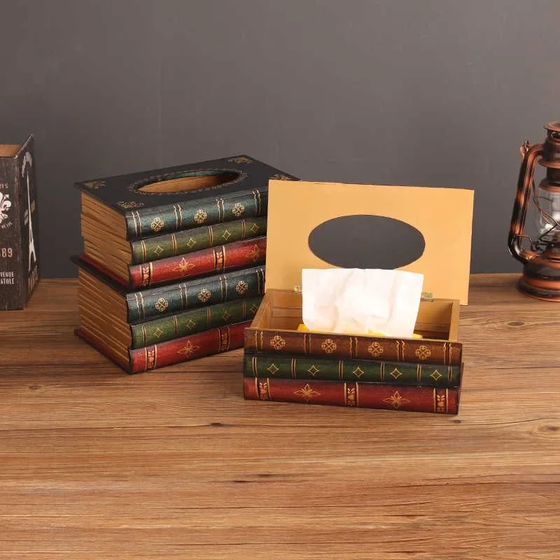 American Retro Simulation Book Tissue Box Wooden Creative Paper Storage Box Living Room Restaurant Kitchen Table Home Decoration