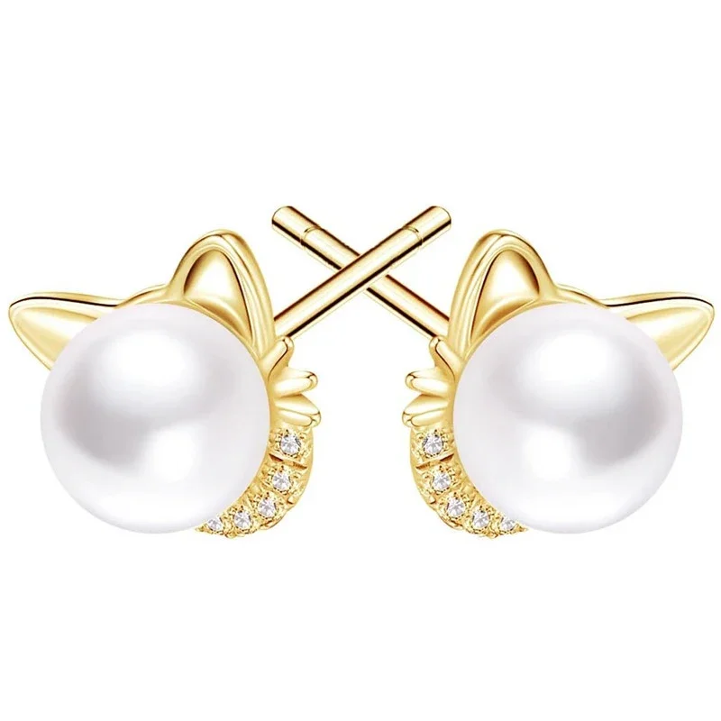 Huitan Cute Cat Imitation Pearl Stud Earrings with CZ Exquisite Girl Ear Piercing Earrings Fancy Birthday Gift Statement Jewelry