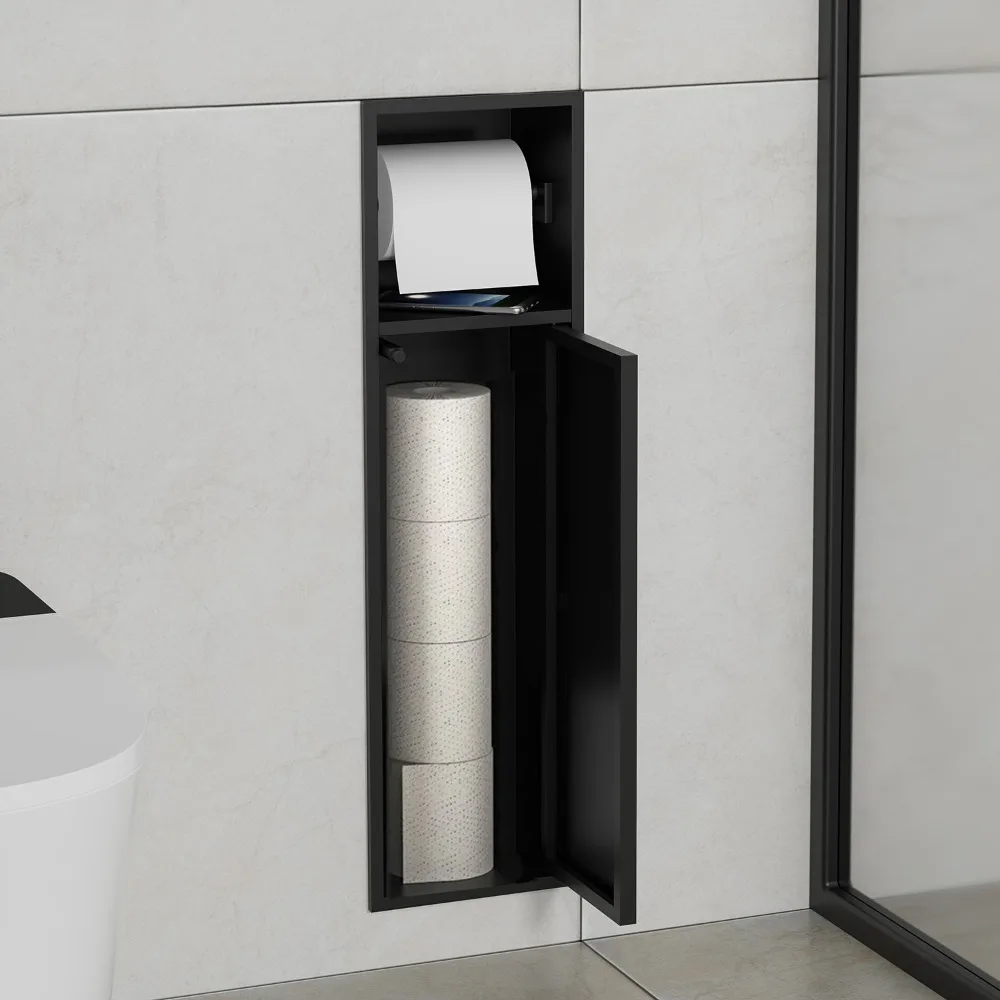 304 Stainless Steel Wall‑Embedded Bathroom Niche Paper Roll Holder Toilet Brush Storage Accessory