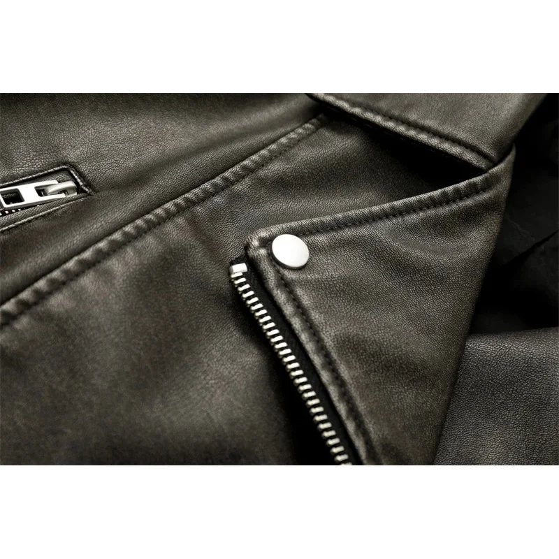 Bonny Giacca da motociclista vintage in pelle lavata da donna Cappotto corto con cerniera invecchiata con cintura staccabile Grigio antracite