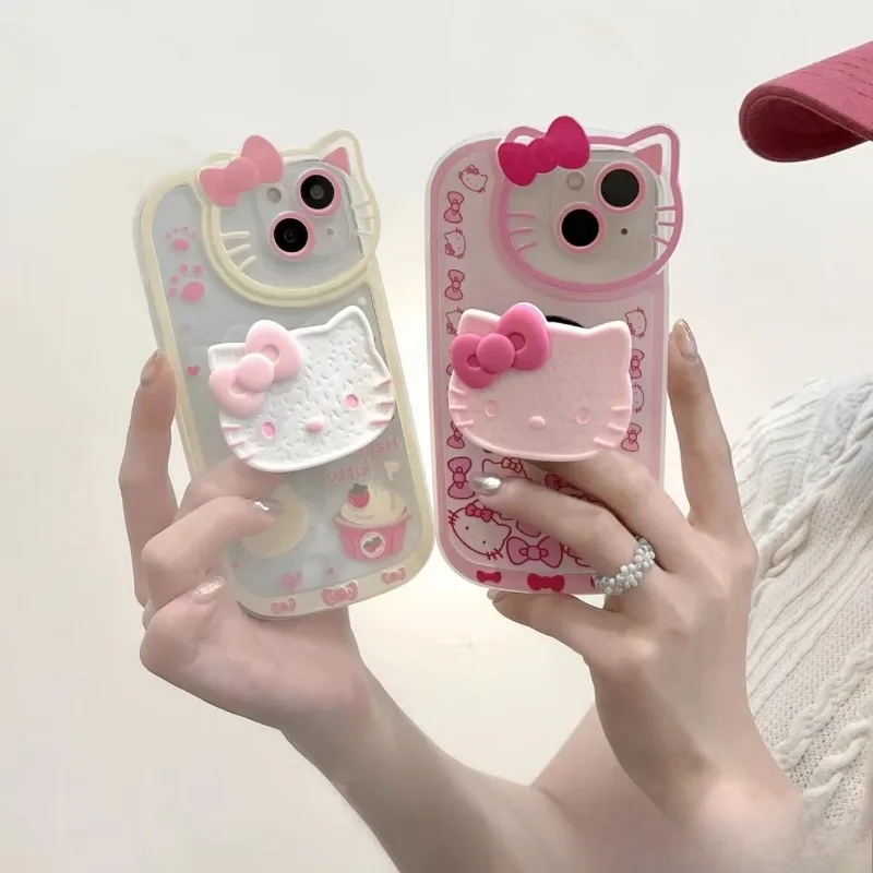 Nova kawaii sanrio olá kitty capa de telefone de silicone macio com suporte adequado para iphone 16 15 14 12 13 11 pro max alta beleza
